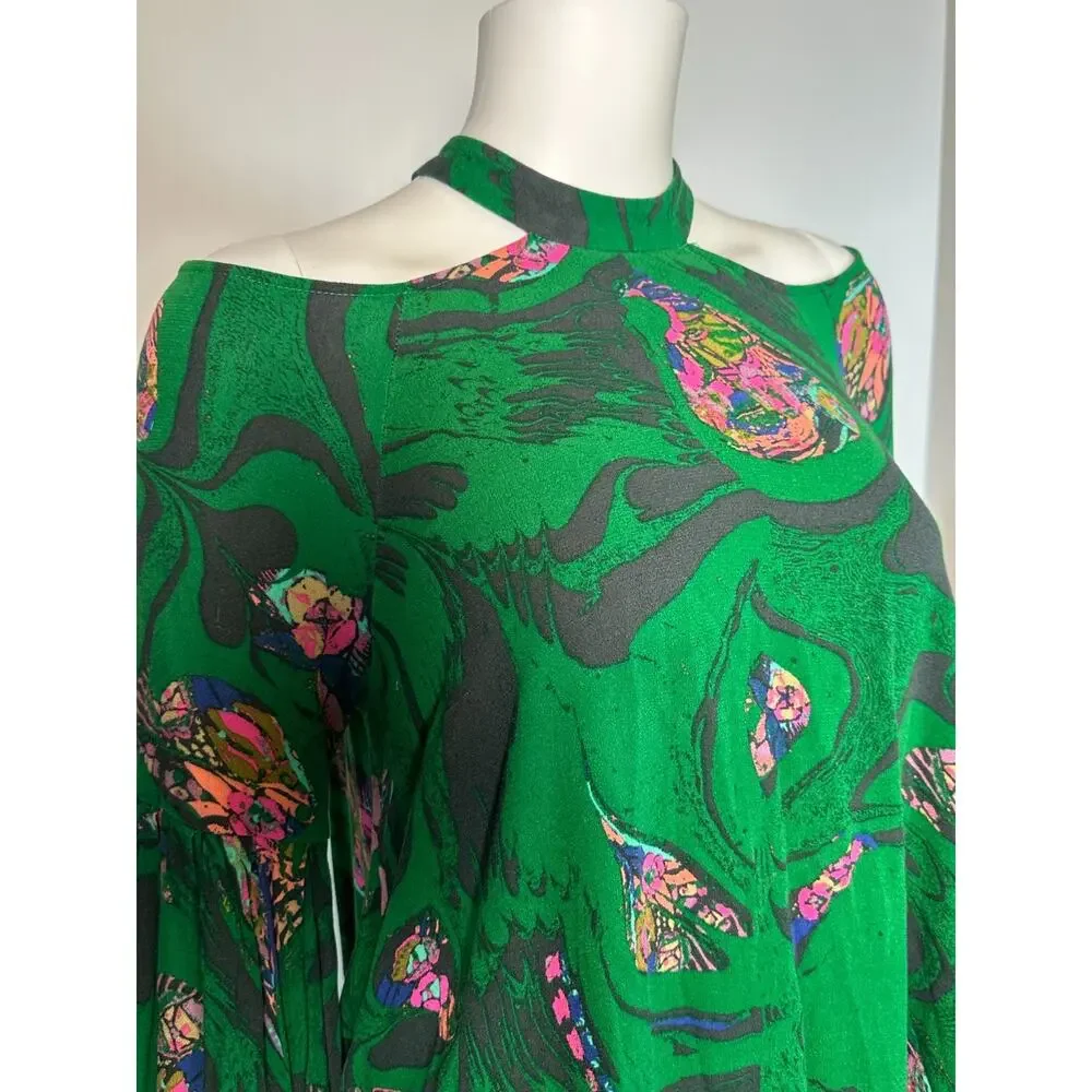 Free People Green Floral Cold Shoulder Halter Tunic Blouse Size Small Boho